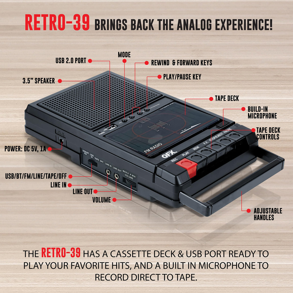 QFX Portable Shoebox Cassette Tape Player Recorder, RETRO-39BT