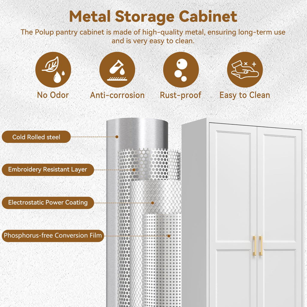71" White Metal Kitchen Pantry Storage Cabinet with Doors and Shelves