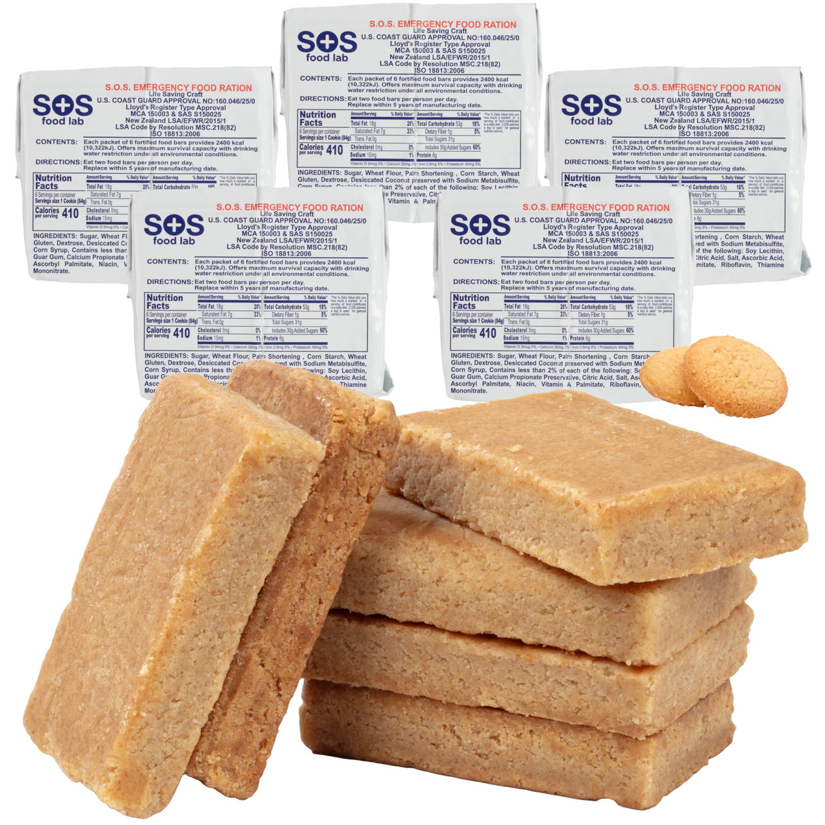 SOS Food Lab Emergency Food Bar - 2400 Calorie Ration (5 Pack Shortbread Cookie) - 2 Day/48 Hour Ready to Eat Supply for Camping, Hiking, Disaster