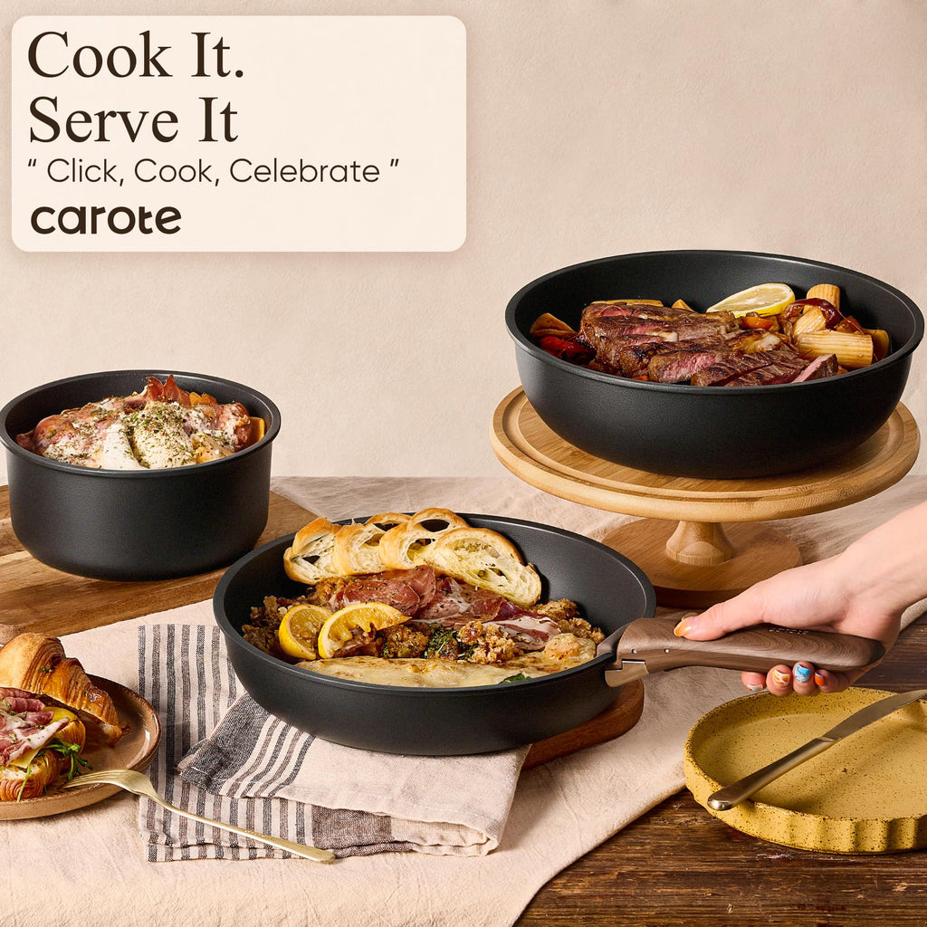 CAROTE 21pcs Pots and Pans Set Non Stick, Detachable Handle Cookware, Black