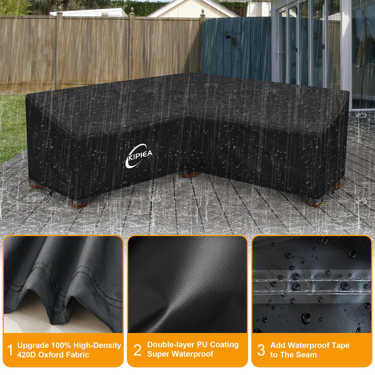 Patio V-Shaped Sectional Sofa Cover, 420D Heavy-Duty Oxford Fabric Outdoor Sectional Cover with 6 Windproof Buckles, Anti UV and No Tears, No Fading