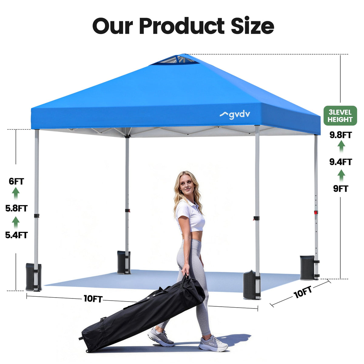 GVDV Canopy Tent, 10x10 Pop up Canopy Outdoor Shade with Wheeled Bag, Easy up Sun Shelter with Vents, Blue