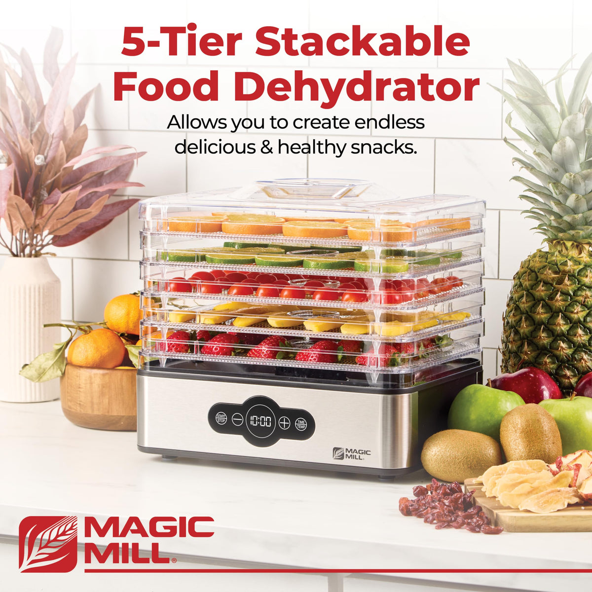 Magic Mill Food Dehydrator Machine | 5 Stackable Stainless Steel Trays, 48H Digital Adjustable Timer & Temperature Control Upto 167° Electric Dryer &