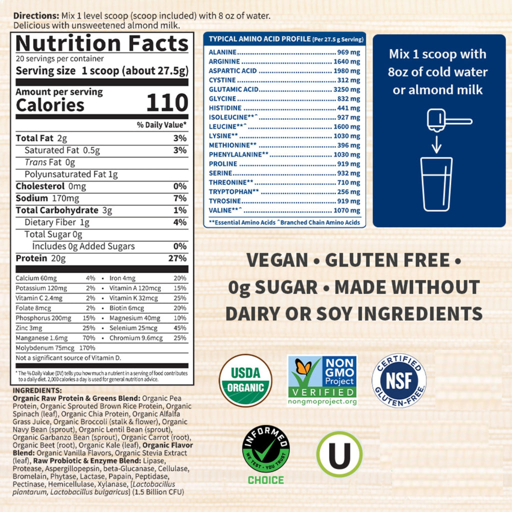 Garden of Life Raw Organic Protein & Greens Powder, Vanilla, 20 Servings