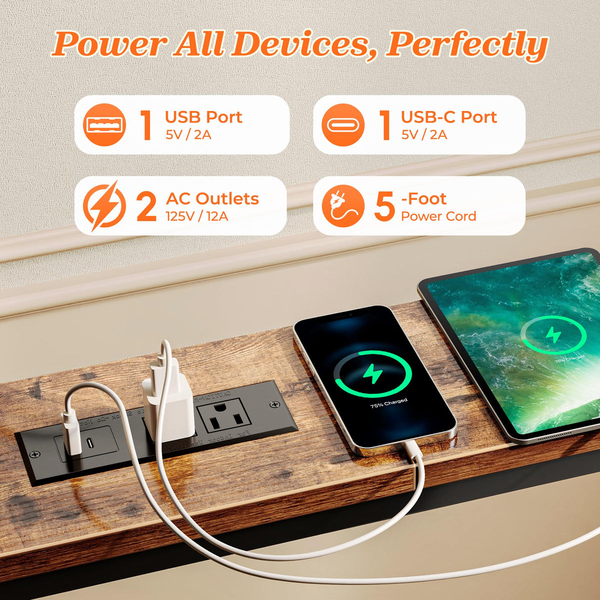 SUPERJARE 102 Inch Sofa Table with 2 Power Outlets and USB-C Ports