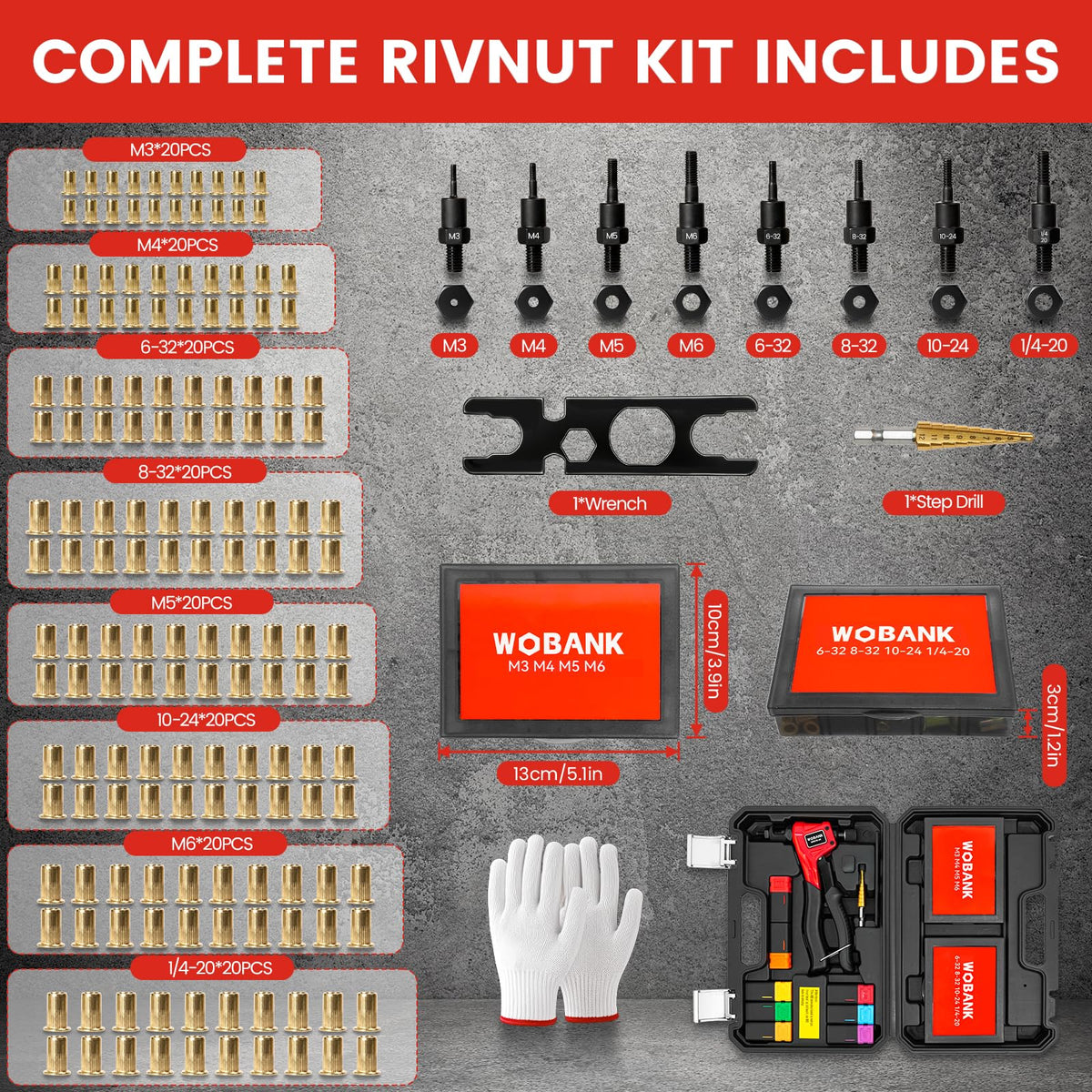 8" Rivet Nut Tool Kit with 160pcs Rivet Nuts & 8 Mandrels