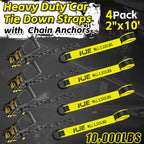 KJE 4 Pack Reflective Car Tie Down Straps for Trailers - Tire Ratchet Strap with Chain Anchors - 2" x 10' 10,000LBS Break Strength - Lasso Style