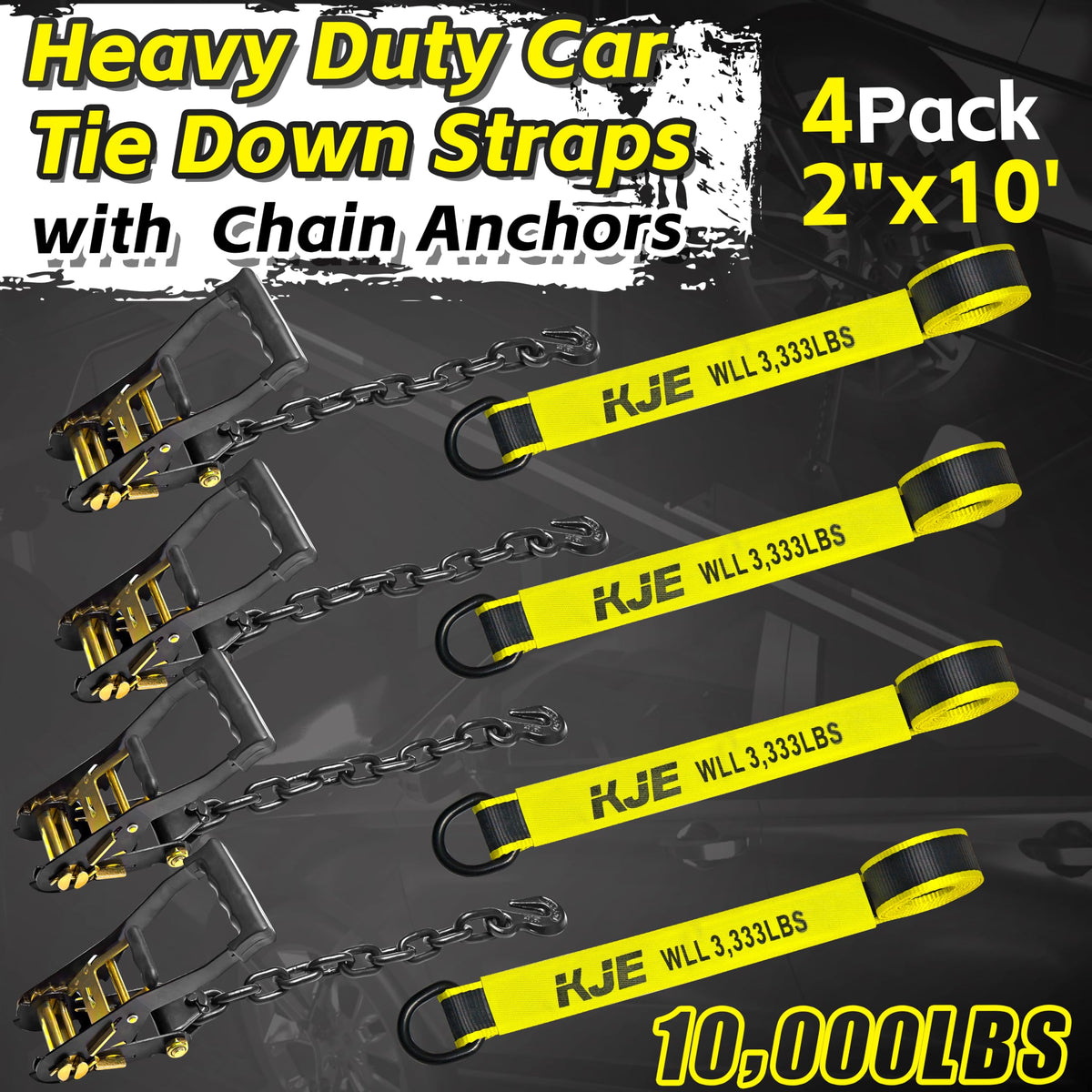 KJE 4 Pack Reflective Car Tie Down Straps for Trailers - Tire Ratchet Strap with Chain Anchors - 2" x 10' 10,000LBS Break Strength - Lasso Style