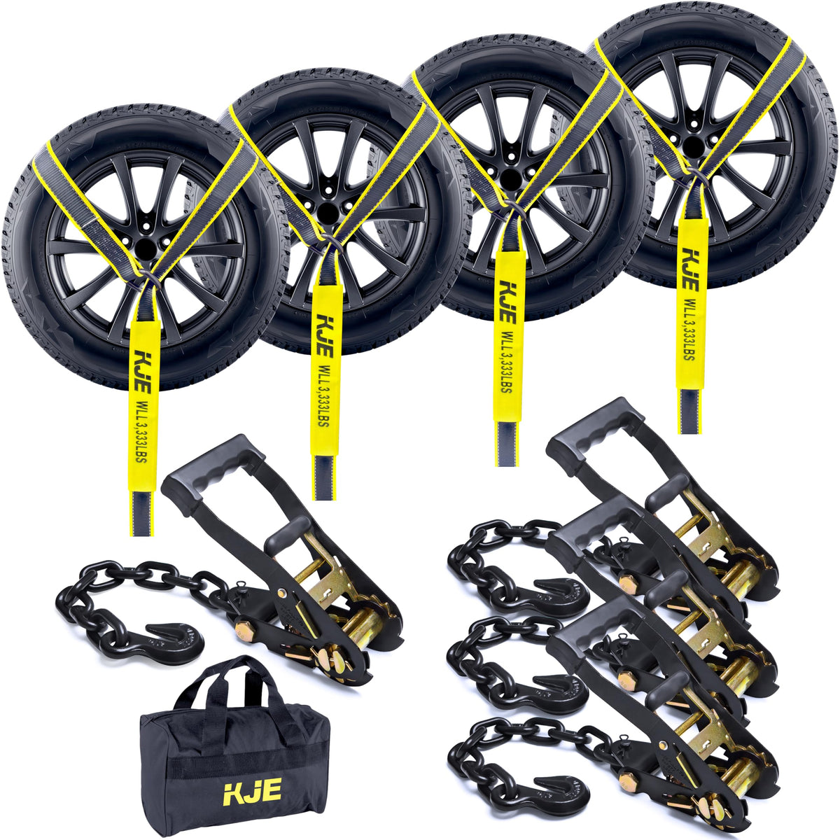 KJE 4 Pack Reflective Car Tie Down Straps for Trailers - Tire Ratchet Strap with Chain Anchors - 2" x 10' 10,000LBS Break Strength - Lasso Style