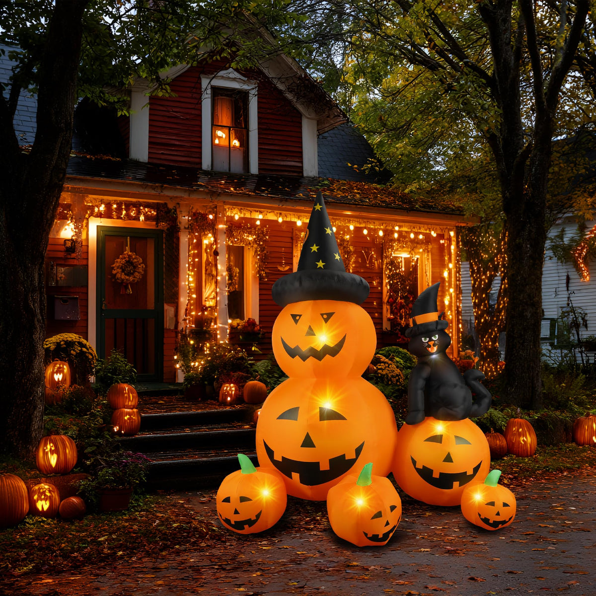 6Ft Halloween Inflatable Decorations Pumpkins Patch Lanterns with Black Cat with Build-in LEDs Blow Up Inflatables for Outdoor Decoration Balcony