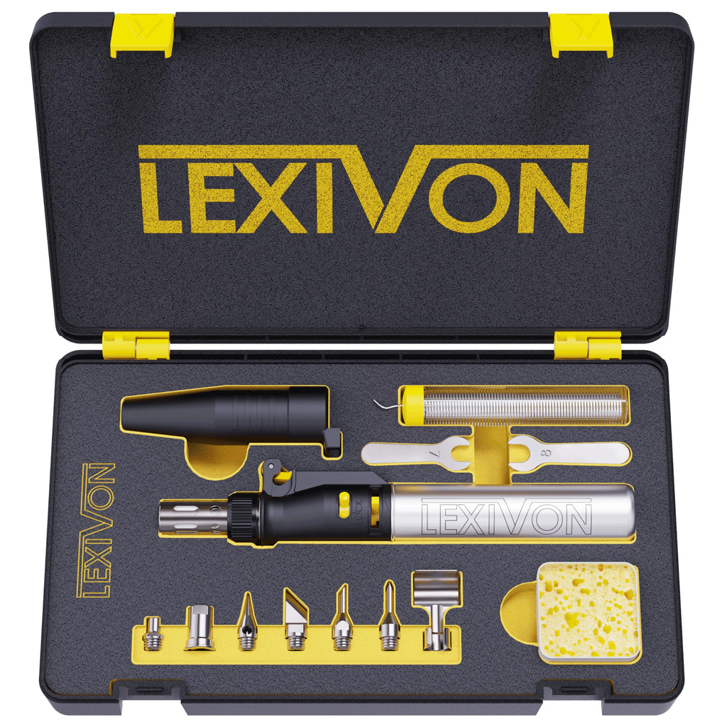 LEXIVON Butane Soldering Iron Multi-Purpose Kit | Cordless Self-Igniting Adjustable Flame 7-Tip Set | Pro Grade 125-Watt Equivalent (LX-770)