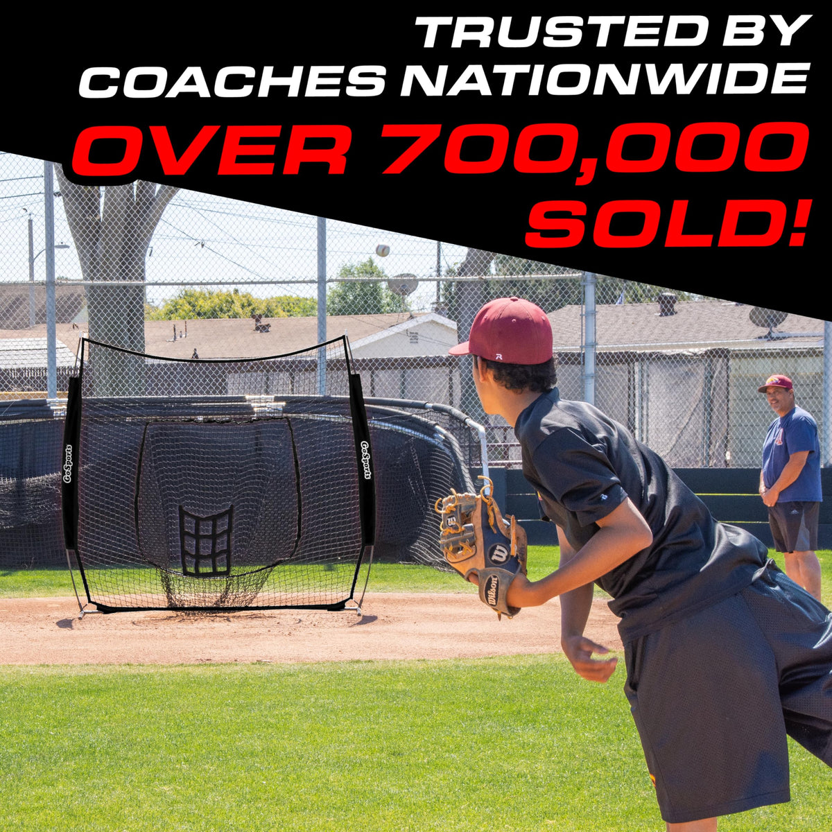 GoSports 7 ft x 7 ft Baseball & Softball Nets - Red, Black, Drip or PRO - Practice Hitting & Pitching Net with Bow Type Frame, Carry Bag and Strike