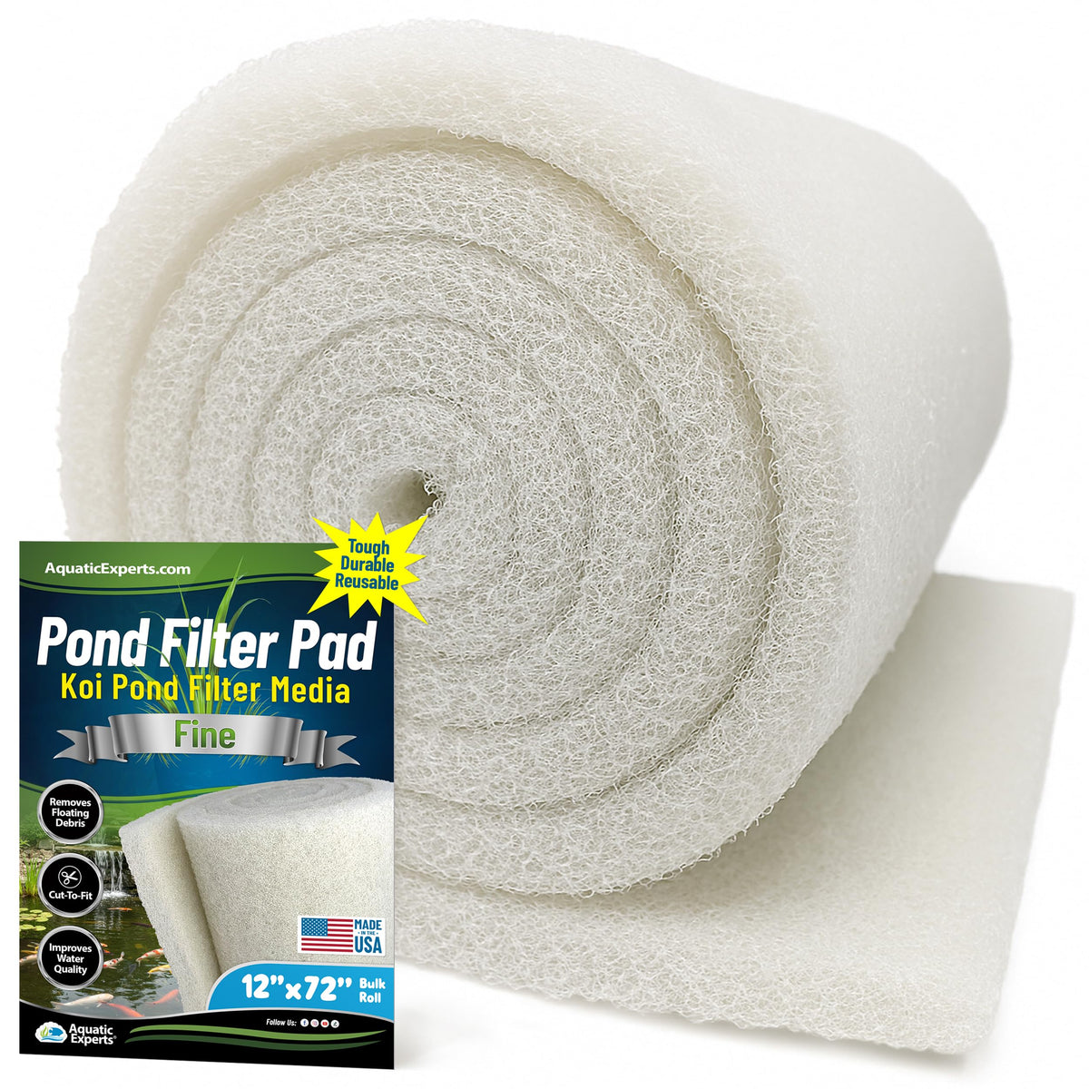 Classic Koi Pond Filter Pad FINE - White Bulk Roll Pond Filter Media, Ultra-Durable Pond Filters for Outdoor Ponds, Reusable Fish Pond Filter