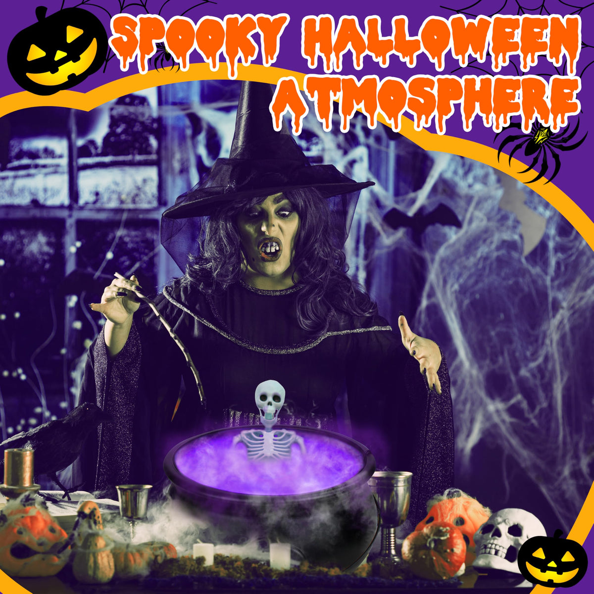 Halloween Mist Maker Fogger, 12.6" Big Witch Cauldron Skeleton with Color Change LED Light Large Capacity of Mist Water Fountain Pond Fog Machine and