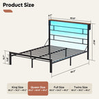 Bestier Queen Size Bed Frame with 49.2" High LED Storage Headboard Shelf, Metal Platform Bed, Black