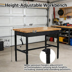 48 Inch Adjustable Workbench with Power Outlet, 2500 LBS Heavy Duty Hardwood Top Workbench, 6-Level Height Adjustable Garage Work Table with Non-Slip