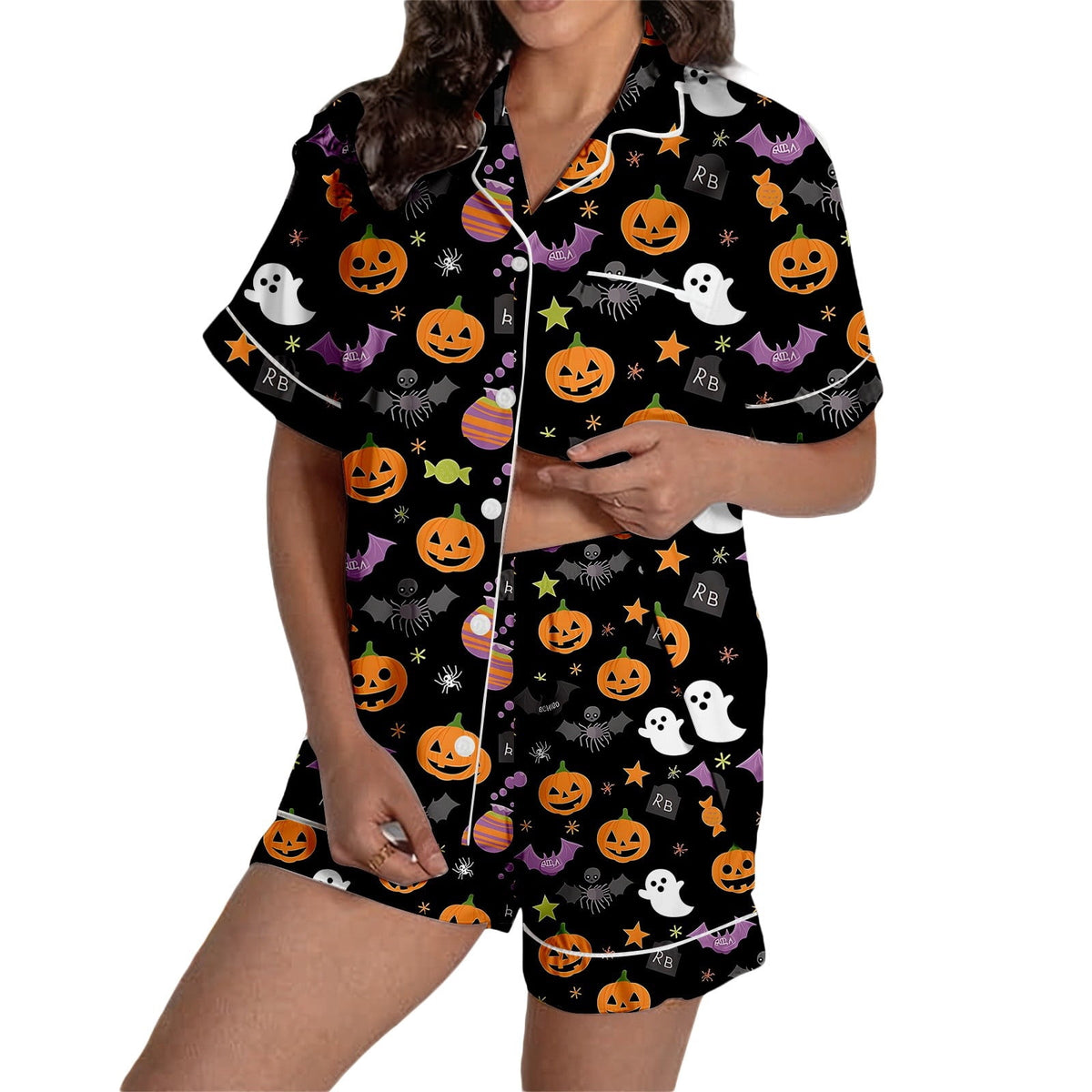 MEZZALL Women Halloween Printed Pajama With Lapel Collar Short Sleeve Tops And Shorts For Home Wear Cozy For Lightweight And Breathable Comfort Relaxed Fit 2 Piece Pjs