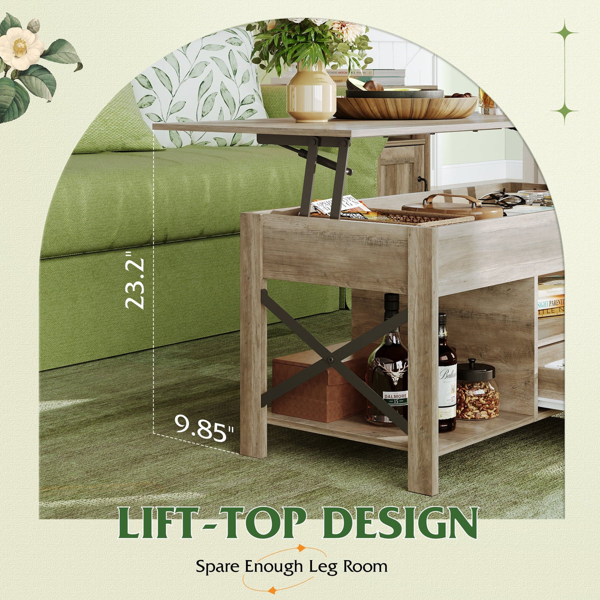 GALAXHERO Coffee Table, 39" Lift Top Coffee Table with Hidden Compartment, Storage Drawers and Storage Shelf for Living Room, Reception Room Greige