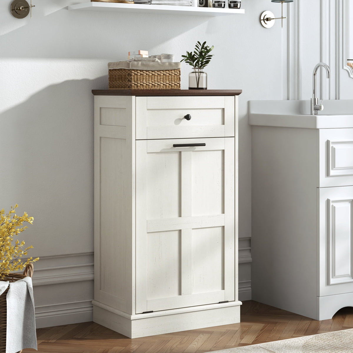 Blotout 13 Gallon Tilt Out Trash Cabinet, Hidden Wooden Trash Can with Drawer, Pet Proof Freestanding Kitchen Recycling Cabinet for Kitchen, Kitchen