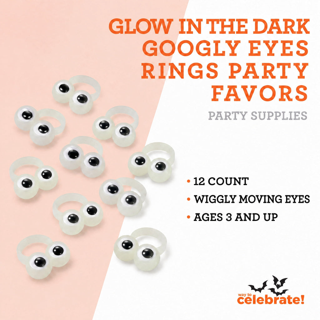 Glow-in-the-Dark Googly Eyes Rings Party Favors, Multicolor, 12 Count, Halloween by Way To Celebrate