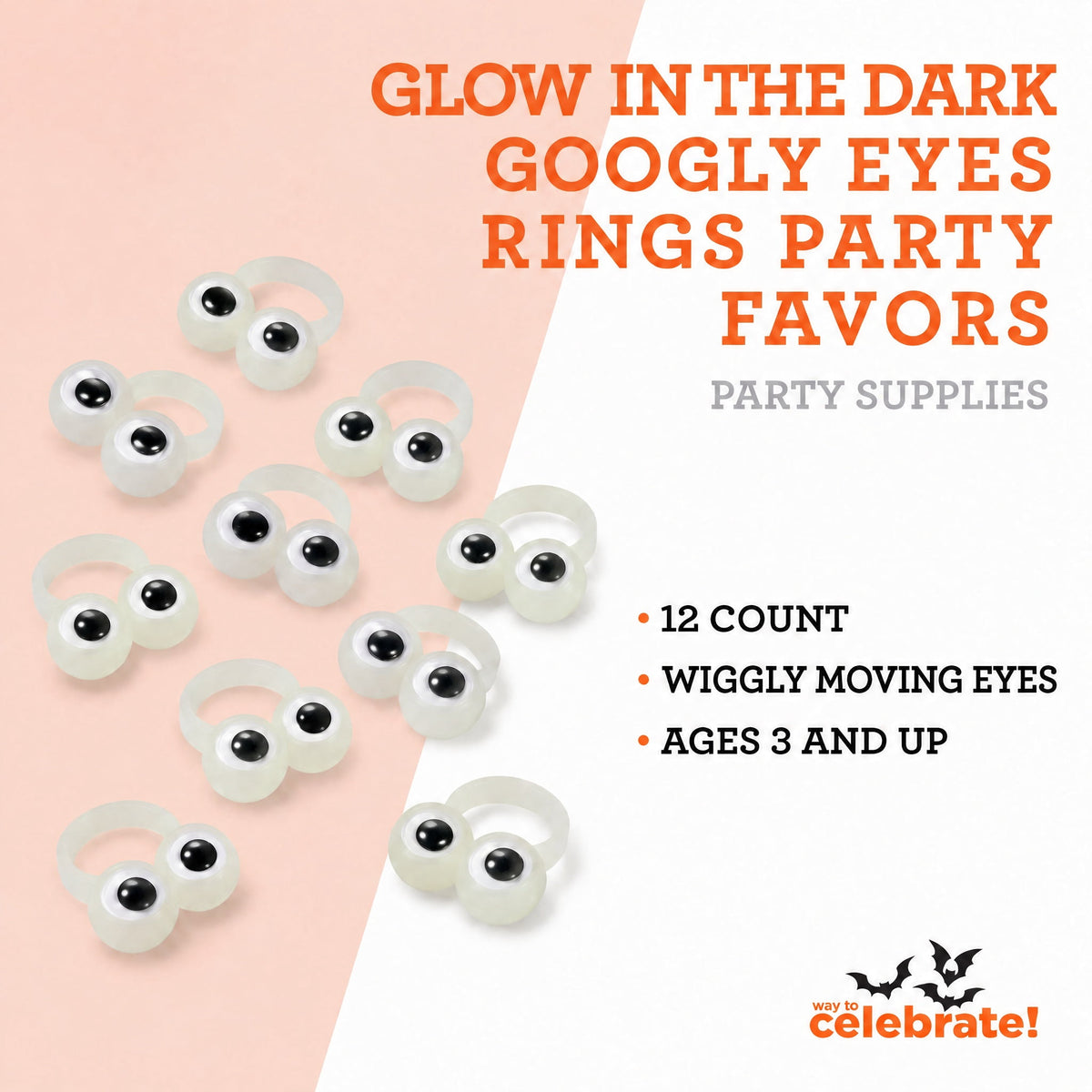 Glow-in-the-Dark Googly Eyes Rings Party Favors, Multicolor, 12 Count, Halloween by Way To Celebrate