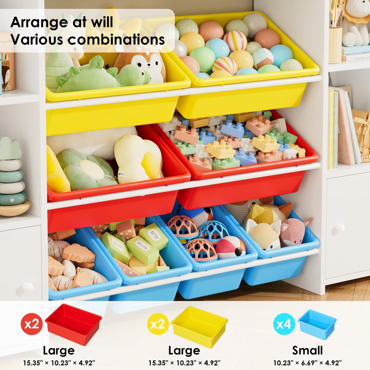 Homfa Kids Toy Storage Organizer Shelf with 8 Cube Storage Bins, White Kids Bookcase, Wood Toy Boxes for Playroom, White/ Primary