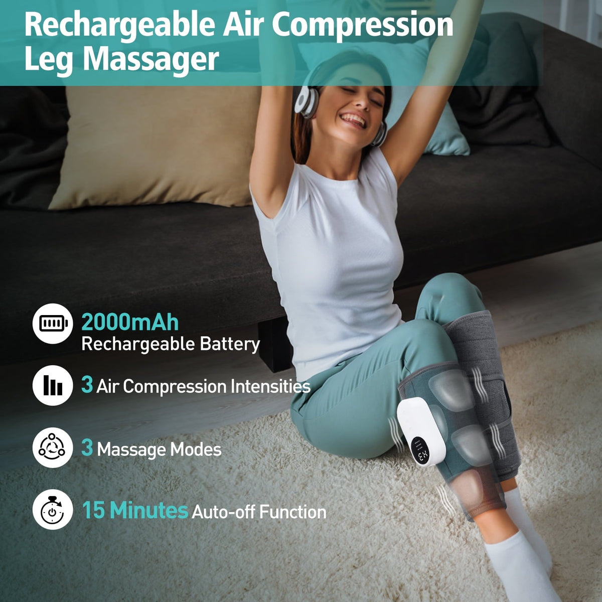 Leg Massager for Circulation, Air Compression Massager for Calf Foot Legs Muscle, 3 Modes 3 Intensities Leg Massager and Heat Calf Wraps Massager for
