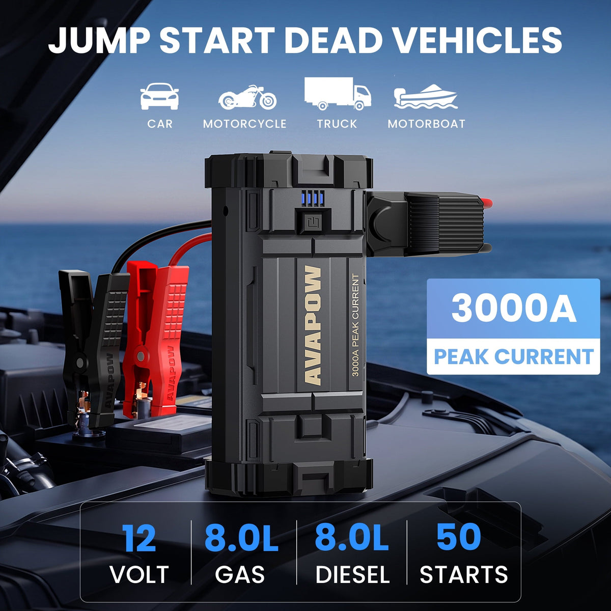 AVAPOW 3000A Car Jump Starter, 23800mAh Portable Battery Booster for 12V Vehicles, Jump Box for Up to 8.0L Gas and 8.0L Diesel Engines, with Smart