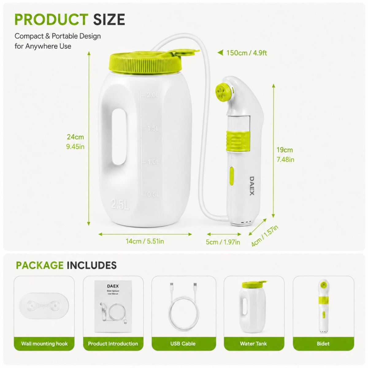 DAEX Electric Portable Bidet for Travel, Rechargeable Handheld Travel Bidet with 2.5L Water Bottle, Personal Hygiene Washer for Camping, RV and Home