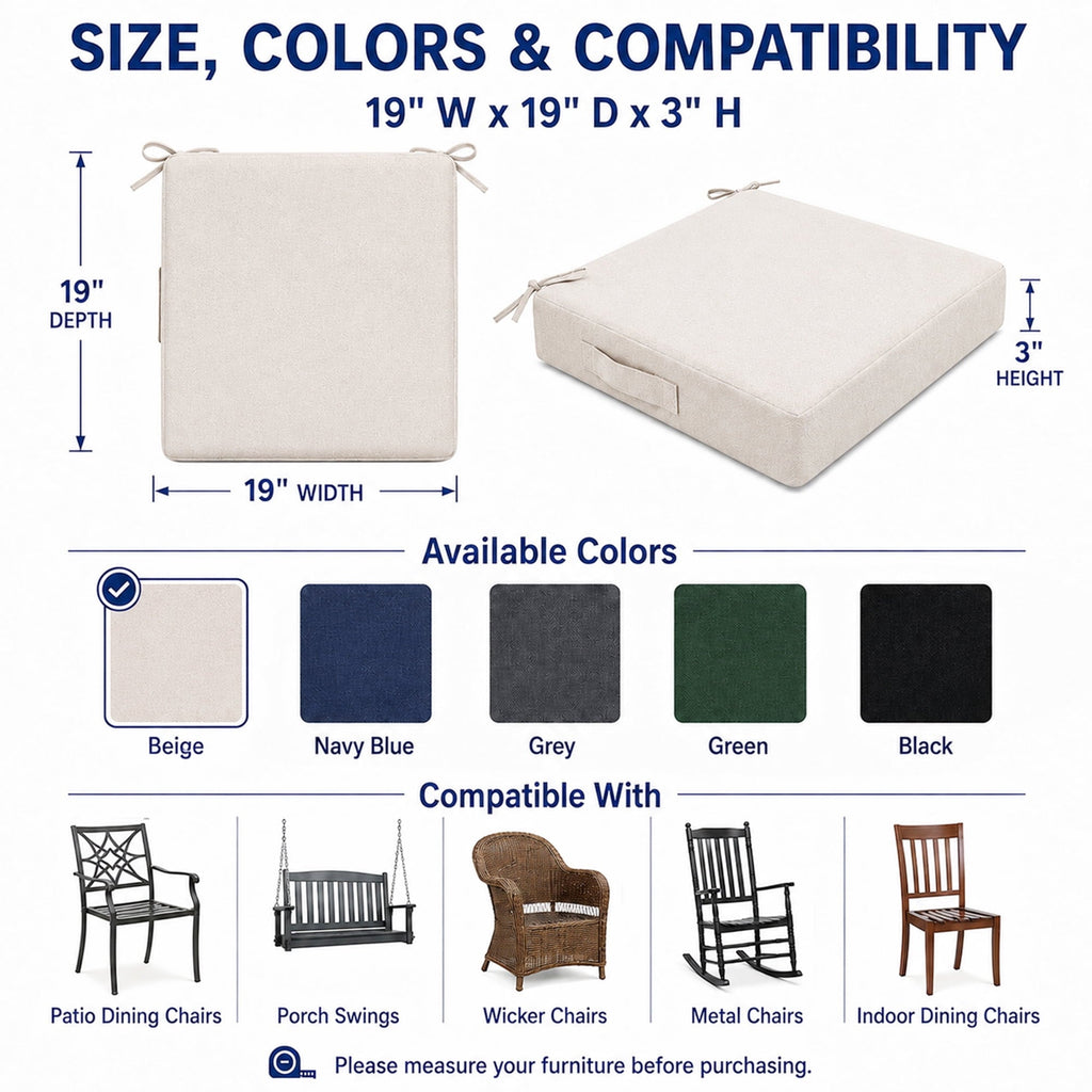 4-Pack Outdoor Chair Cushions 19x19x3 Inch,Waterproof Patio Seat Cushions with Ties,Fade Resistant for Garden, Porch, Deck(Begie)