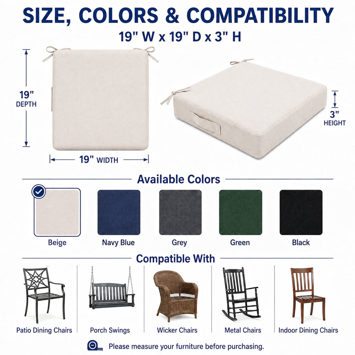 4-Pack Outdoor Chair Cushions 19x19x3 Inch,Waterproof Patio Seat Cushions with Ties,Fade Resistant for Garden, Porch, Deck(Begie)