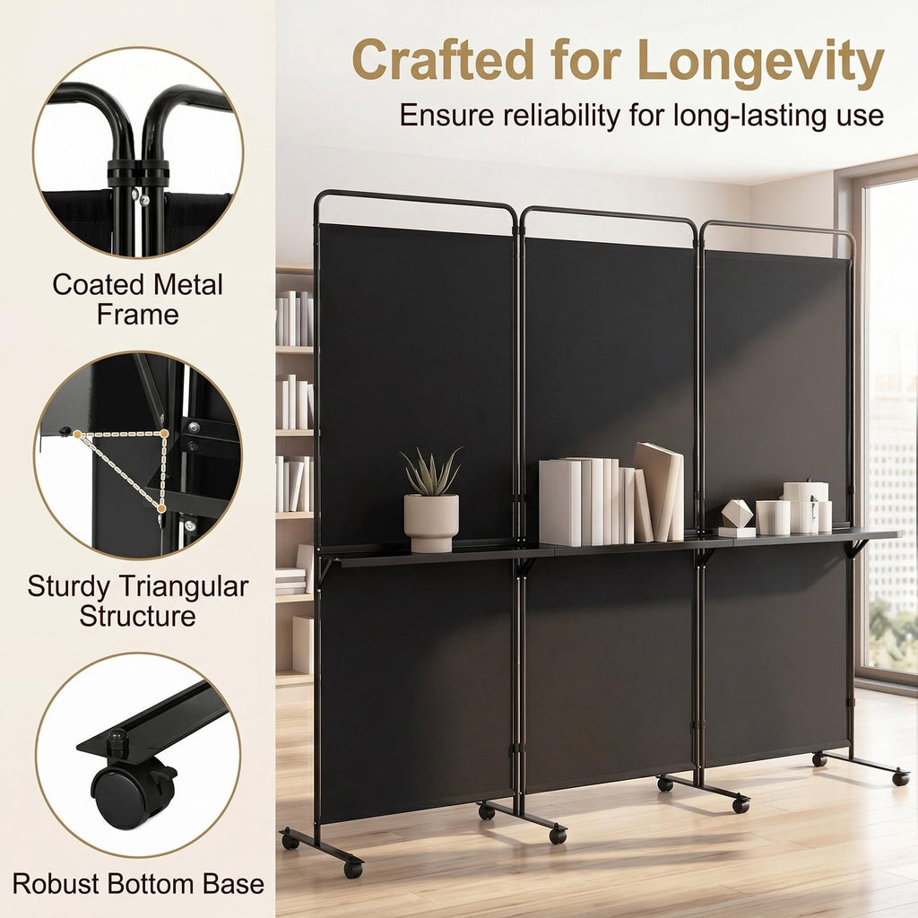 Costway 3-Panel Room Divider with Storage Shelves 6FT Tall Folding Privacy Screen on Wheels Black
