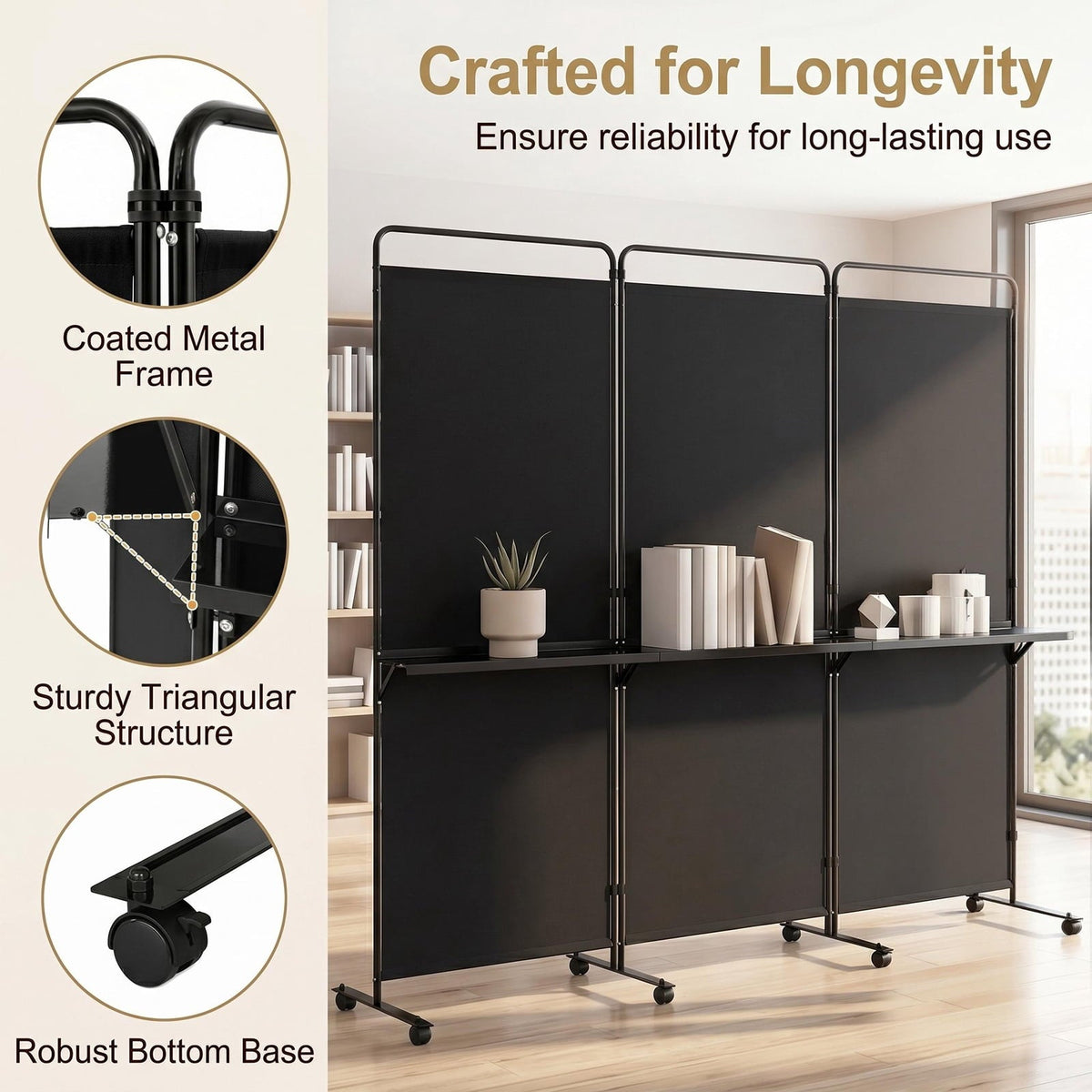 Costway 3-Panel Room Divider with Storage Shelves 6FT Tall Folding Privacy Screen on Wheels Black