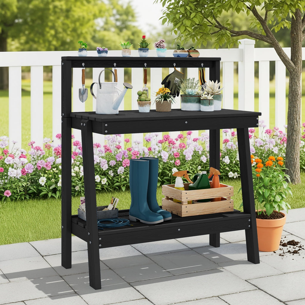 SERWALL Outdoor Potting Bench with Storage & Hooks, 3-Tier Heavy-Duty HDPE Garden Workstation Table, All-Weather Potting Table for Patio & Backyard
