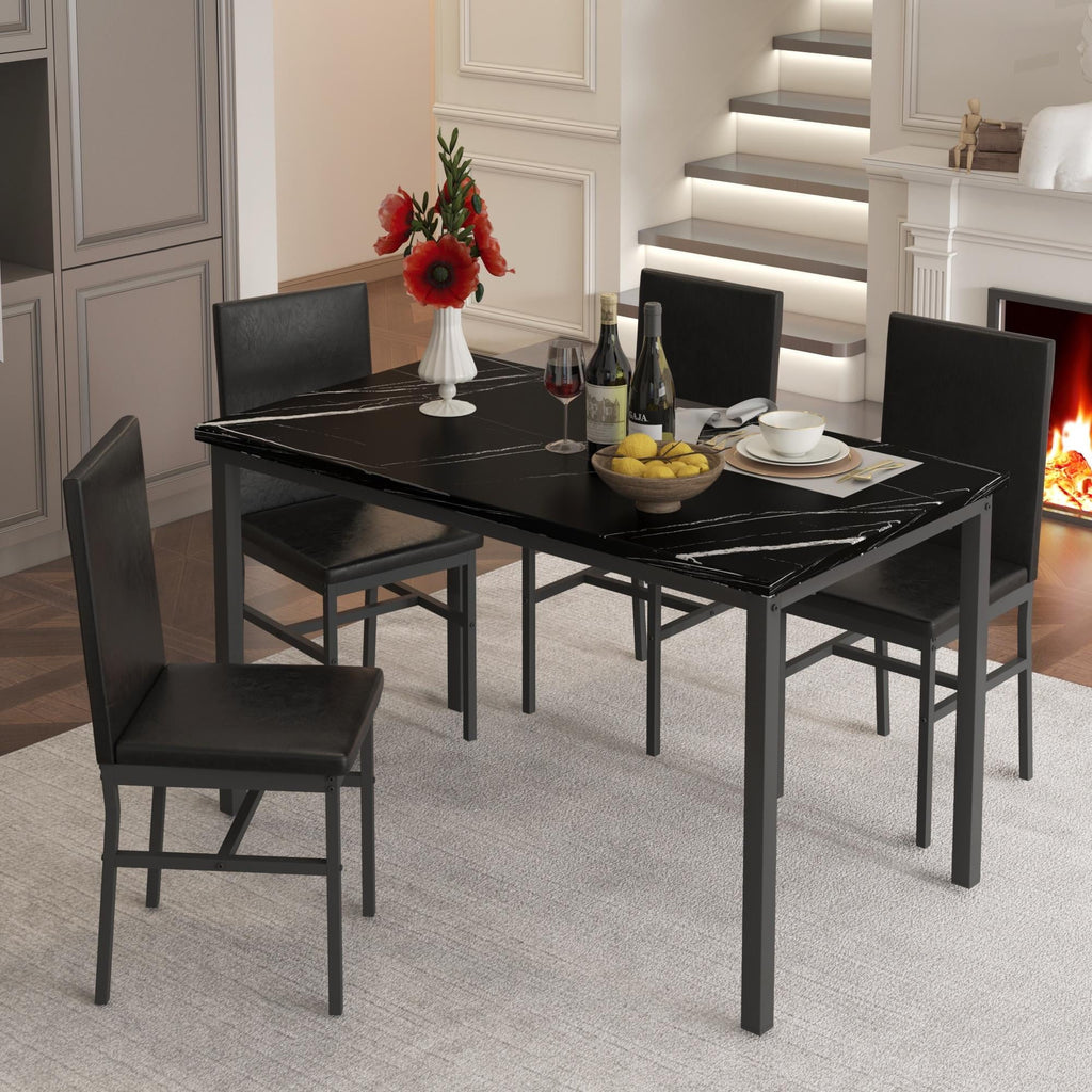 5 Piece Dining Table Set, Modern Faux Marble Tabletop and 4 PU Leather Upholstered Chairs, Rectangle Kitchen Table and Chairs for 4 Persons, Small