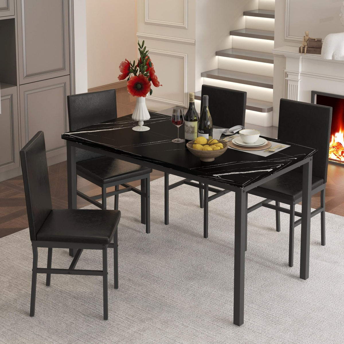 5 Piece Dining Table Set, Modern Faux Marble Tabletop and 4 PU Leather Upholstered Chairs, Rectangle Kitchen Table and Chairs for 4 Persons, Small