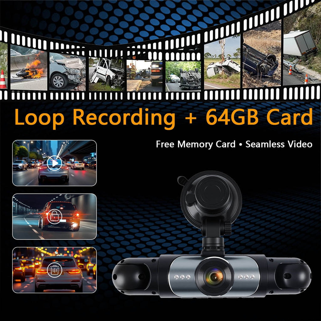 4-Channel Dash Cam with 1080P Front, Inside & Rear Cameras, Night Vision, HDR, G-Sensor, Loop Recording & 24HR Parking Mode