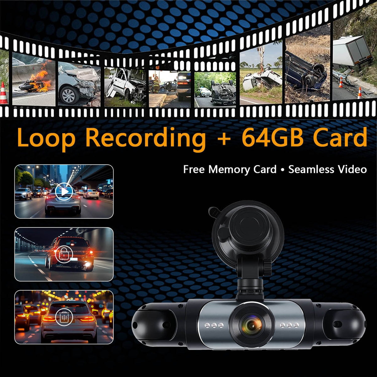4-Channel Dash Cam with 1080P Front, Inside & Rear Cameras, Night Vision, HDR, G-Sensor, Loop Recording & 24HR Parking Mode