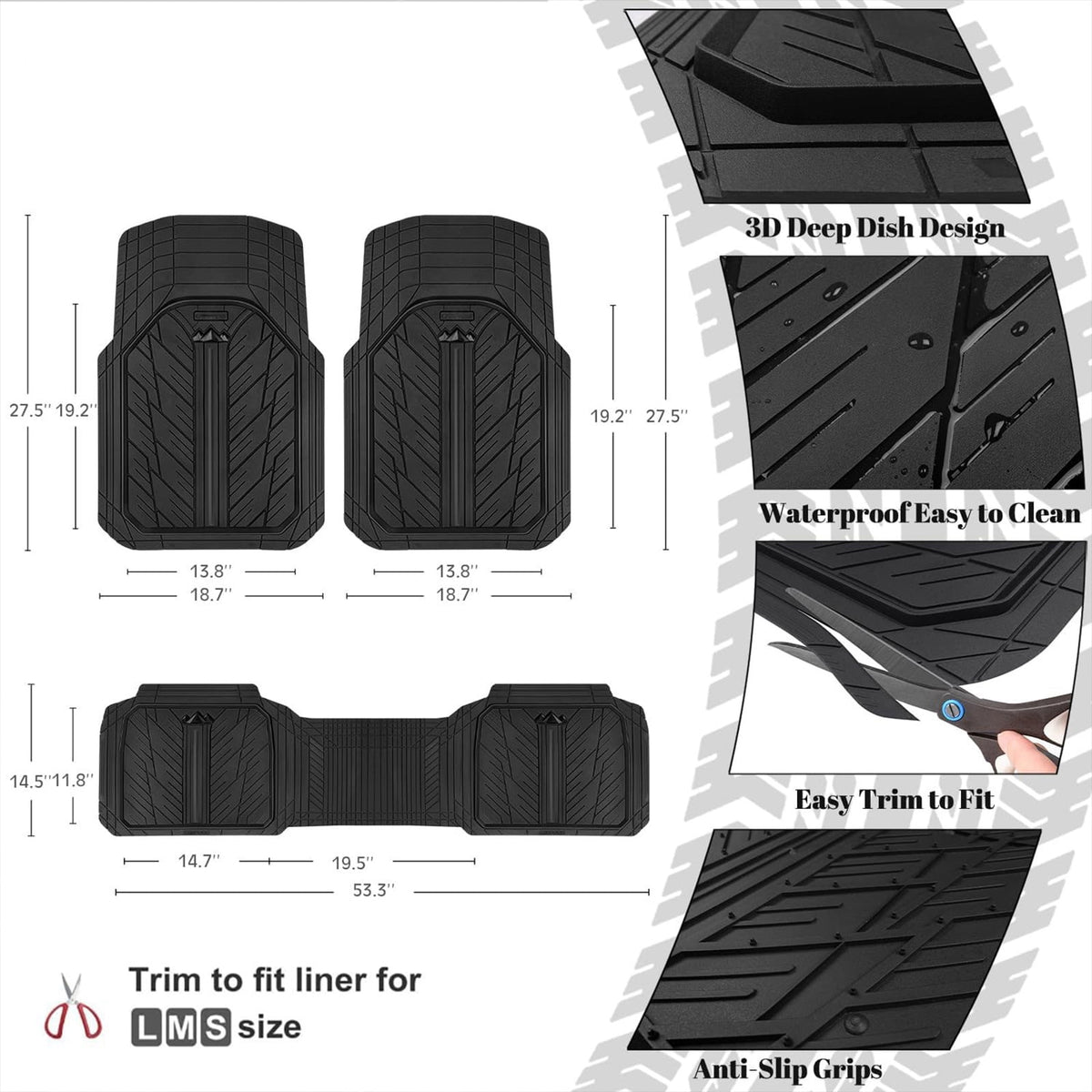 CAR GRAND Heavy Duty Rubber Car Floor Mats, Deep Dish Waterproof Car Mats All Weather, Universal Trim-to Fit Automotive Floor Mats for Car SUV Truck