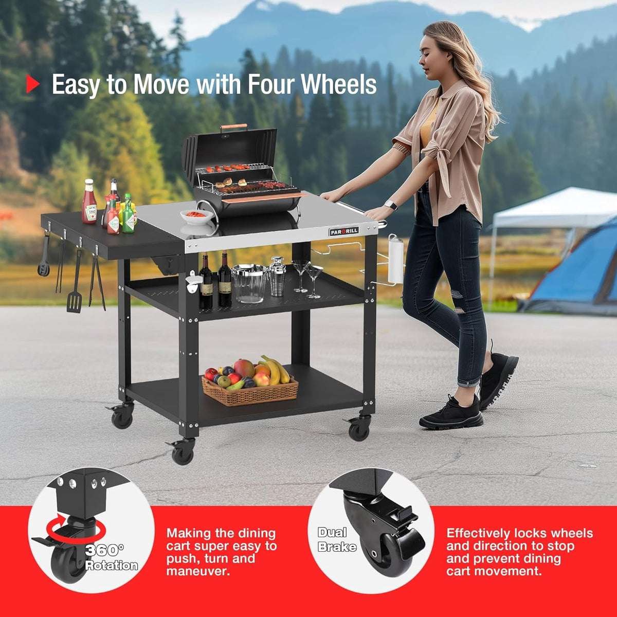 PARGRILL Three-Shelf Outdoor Grill Prep Utility Cart with Foldable Side Table, 46.6" x 20", 4 Lockable Casters，200 LBS