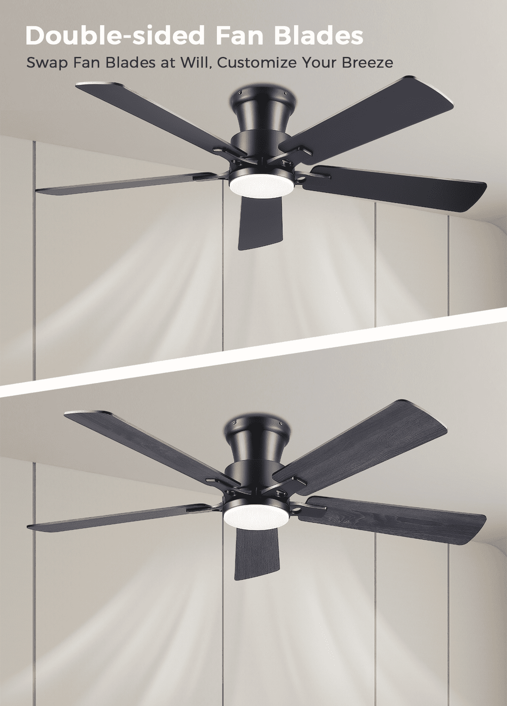 52Inch Ceiling Fan with Lights and Remotes, Modern Low Profile Flush Mount Ceiling Fans,DC Reversible Motor, 3CCT Dimmable,Noiseless,Dual Finish