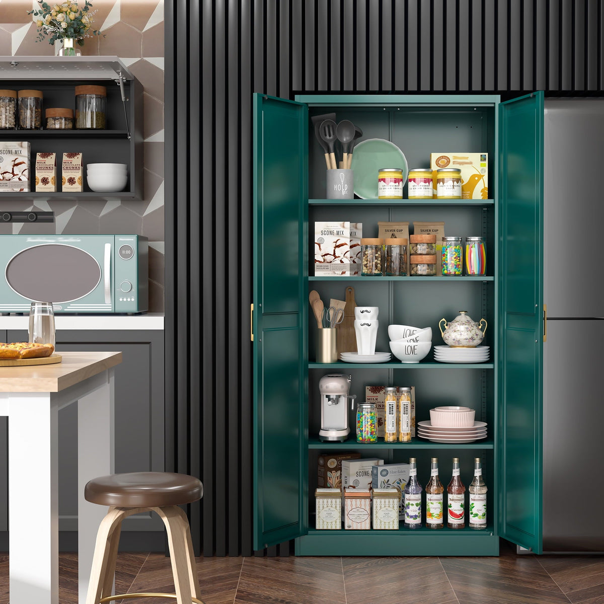 Polup 71" Green Pantry Storage Cabinet with 2 Doors, Tall Metal Kitchen Cabinet with Adjustable Shelves, Freestanding Cupboard for Garage, Laundry