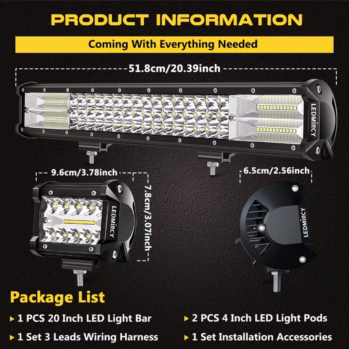 LEDMIRCY 20Inch LED Light Bar and 4Inch LED Pod Lights 2PCS with Rocker Switch Wiring Harness Kit Off Road Lights Spot Flood Combo Beam LED Driving