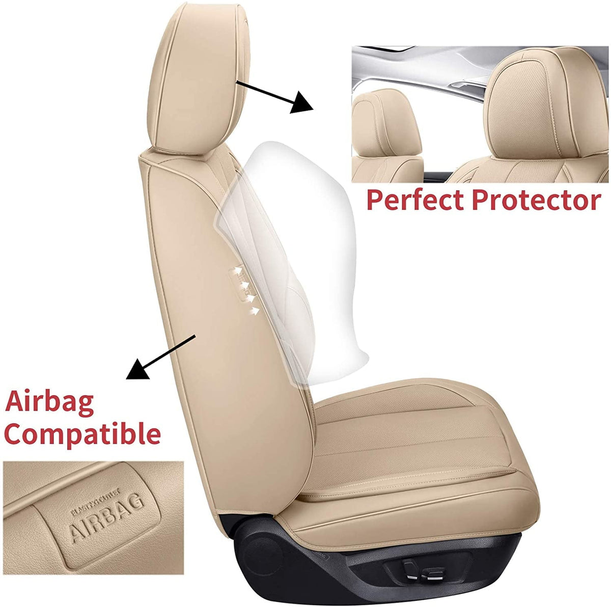 Coverado Beige Front Car Seat Covers, Stylish Waterproof Premium Leather Automotive Seat Protectors, Airbag Compatible Auto Interior Accessories