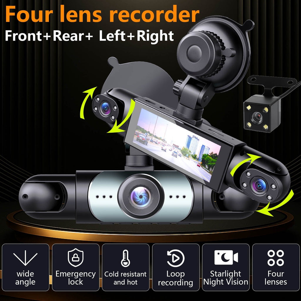 4-Channel Dash Cam with 1080P Front, Inside & Rear Cameras, Night Vision, HDR, G-Sensor, Loop Recording & 24HR Parking Mode