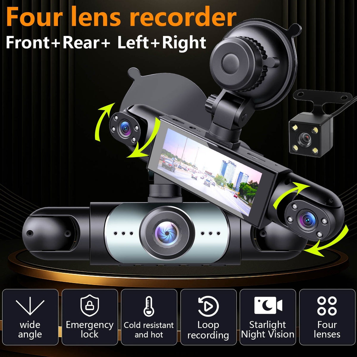 4-Channel Dash Cam with 1080P Front, Inside & Rear Cameras, Night Vision, HDR, G-Sensor, Loop Recording & 24HR Parking Mode