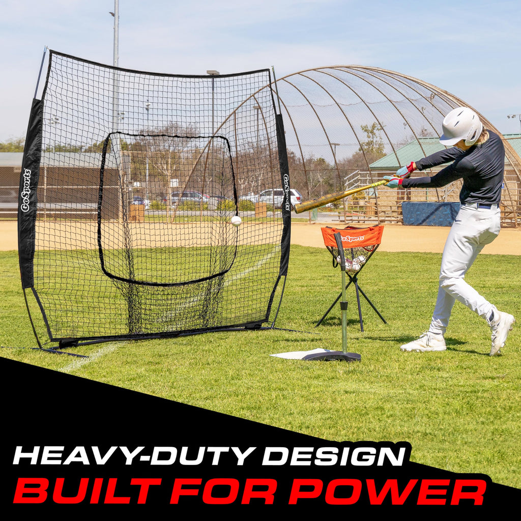 GoSports 7 ft x 7 ft Baseball & Softball Nets - Red, Black, Drip or PRO - Practice Hitting & Pitching Net with Bow Type Frame, Carry Bag and Strike