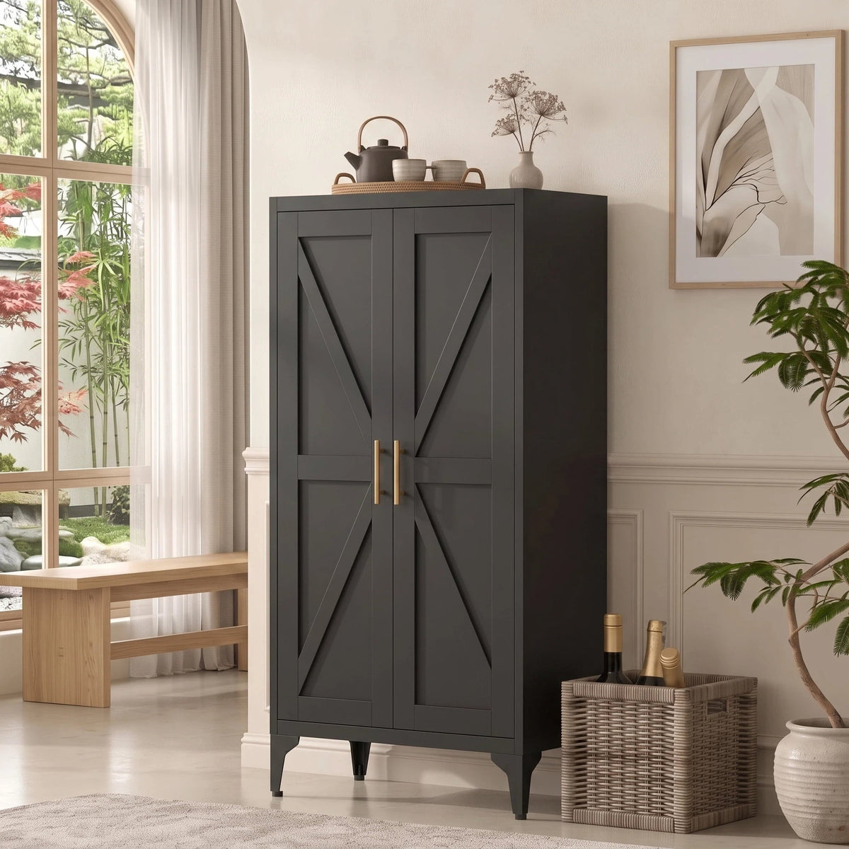 AISWORD 47 Inch Metal Kitchen Pantry Cabinet, Freestanding Storage Cupboard with 3 Adjustable Shelves, 4-Tier Tall Storage Cabinet for Kitchen