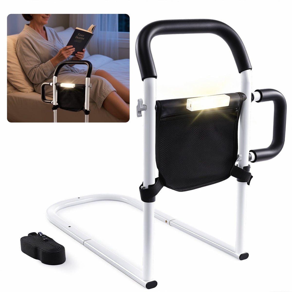 ALLJOY Bed Rails for Elderly Adults Safety- Bed Assist Rail for Seniors with Double Grab Bars, Light, Storage Bag & Fixing Strap, Fits Most Beds
