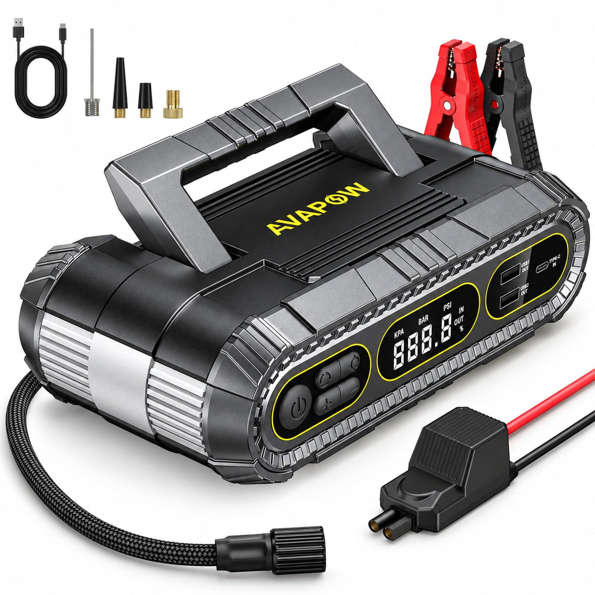 AVAPOW 2000A Heavy Duty Jump Starter with 150 PSI Air Compressor, 12V Battery Booster for Up to 8.0L Gas & 6.0L Diesel Engines, Power Bank & LED Light